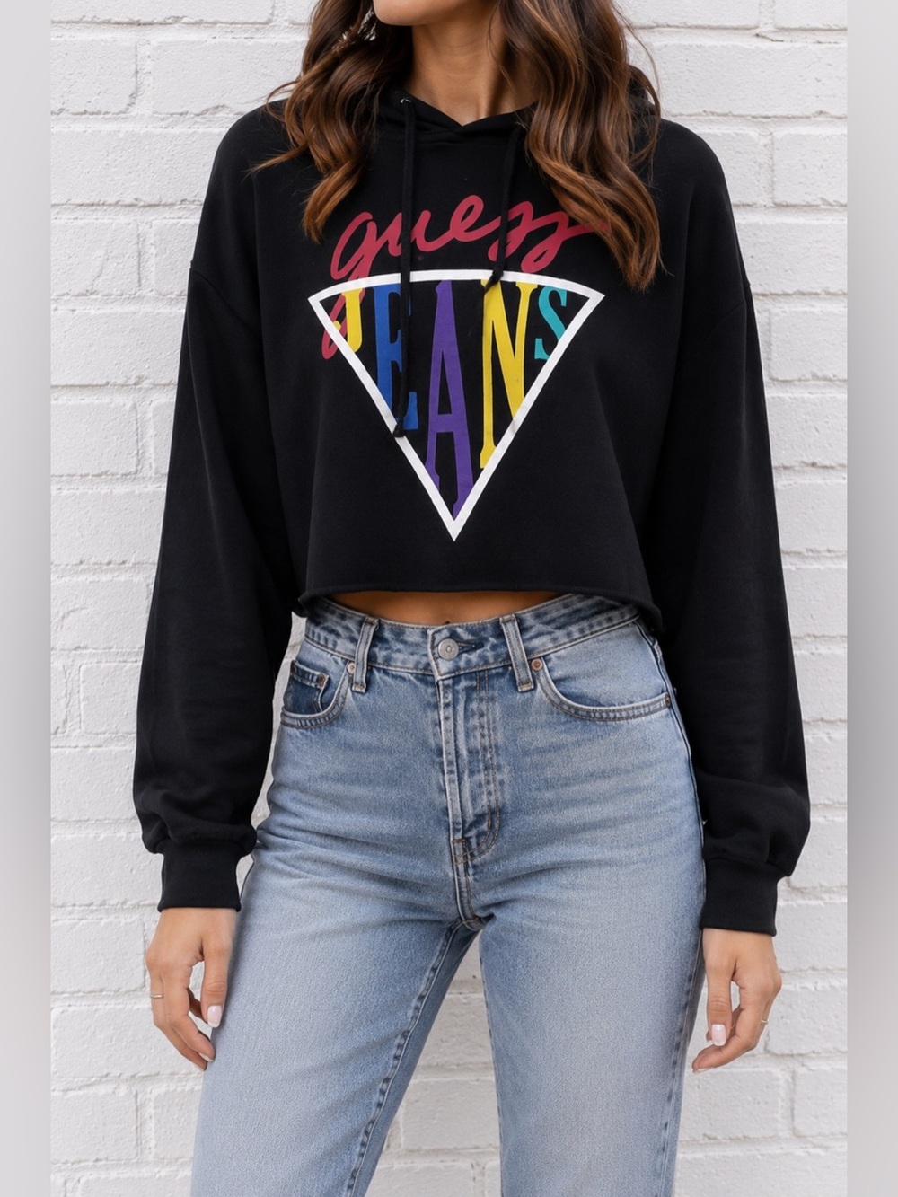 GUESS Jeans Black Cropped Hoodie L Retro 90s Logo Graphic Cotton Blend